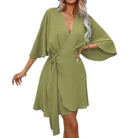 NEW Vacay Olive Green Ruffle Hem Wrap Mini Dress Large - Picture 5 of 6